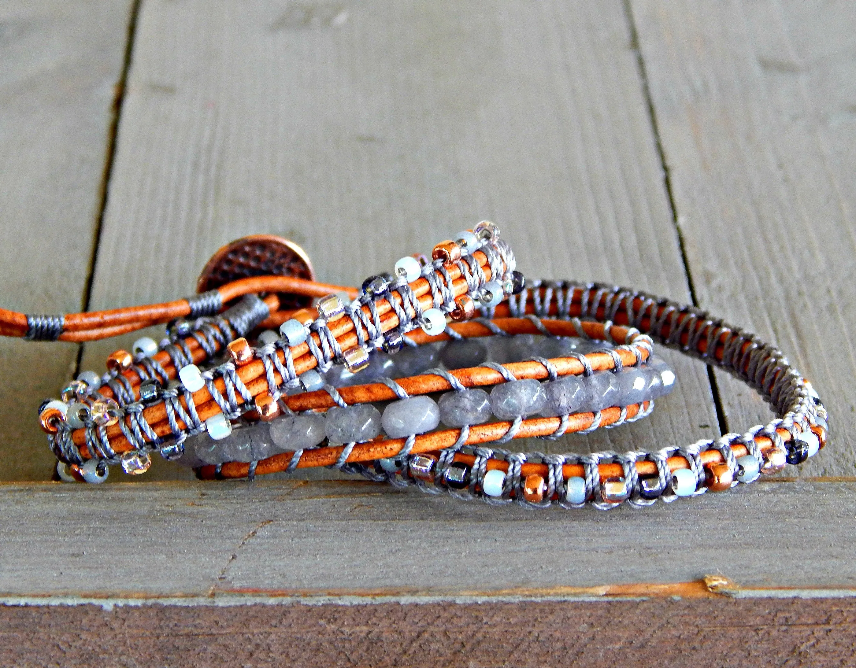 Copper Navy Blush Gray Agate and Beaded Macrame 3x wrap bracelet