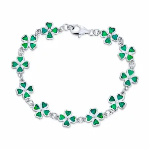 Created Opal Inlay Shamrock Strand Bracelet Sterling Silver Lucky Clover Charm