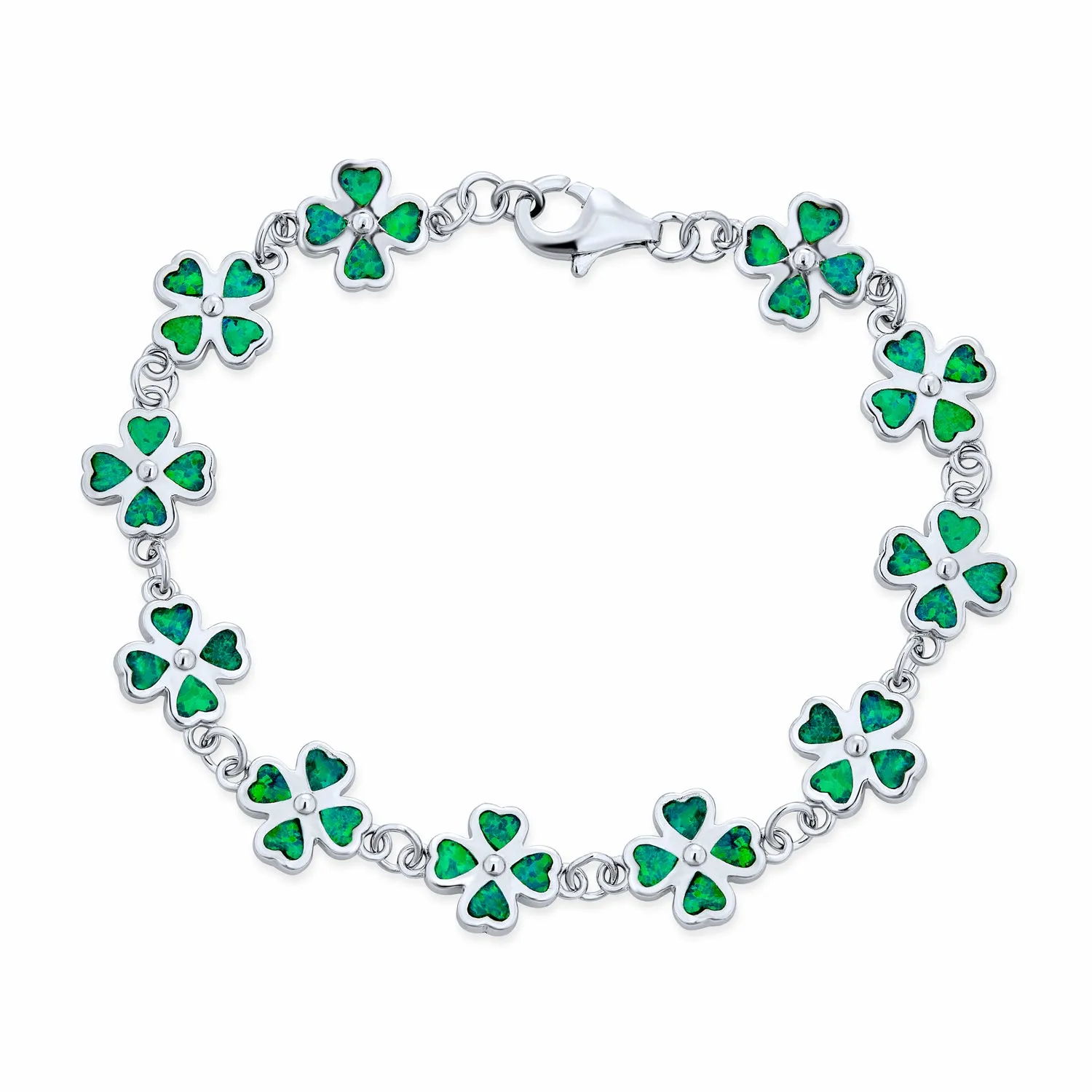 Created Opal Inlay Shamrock Strand Bracelet Sterling Silver Lucky Clover Charm