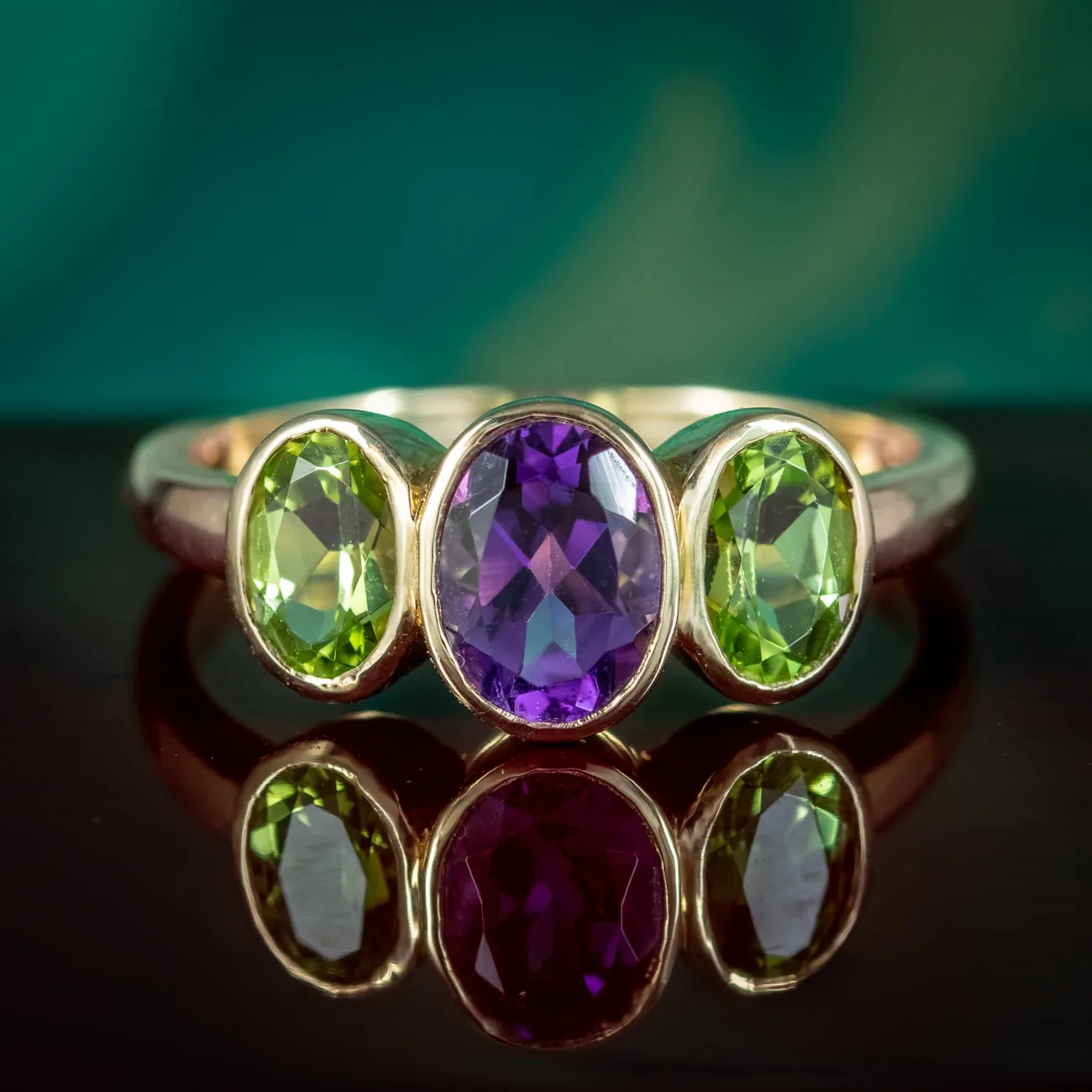 Edwardian Style Suffragette Trilogy Ring Amethyst Peridot