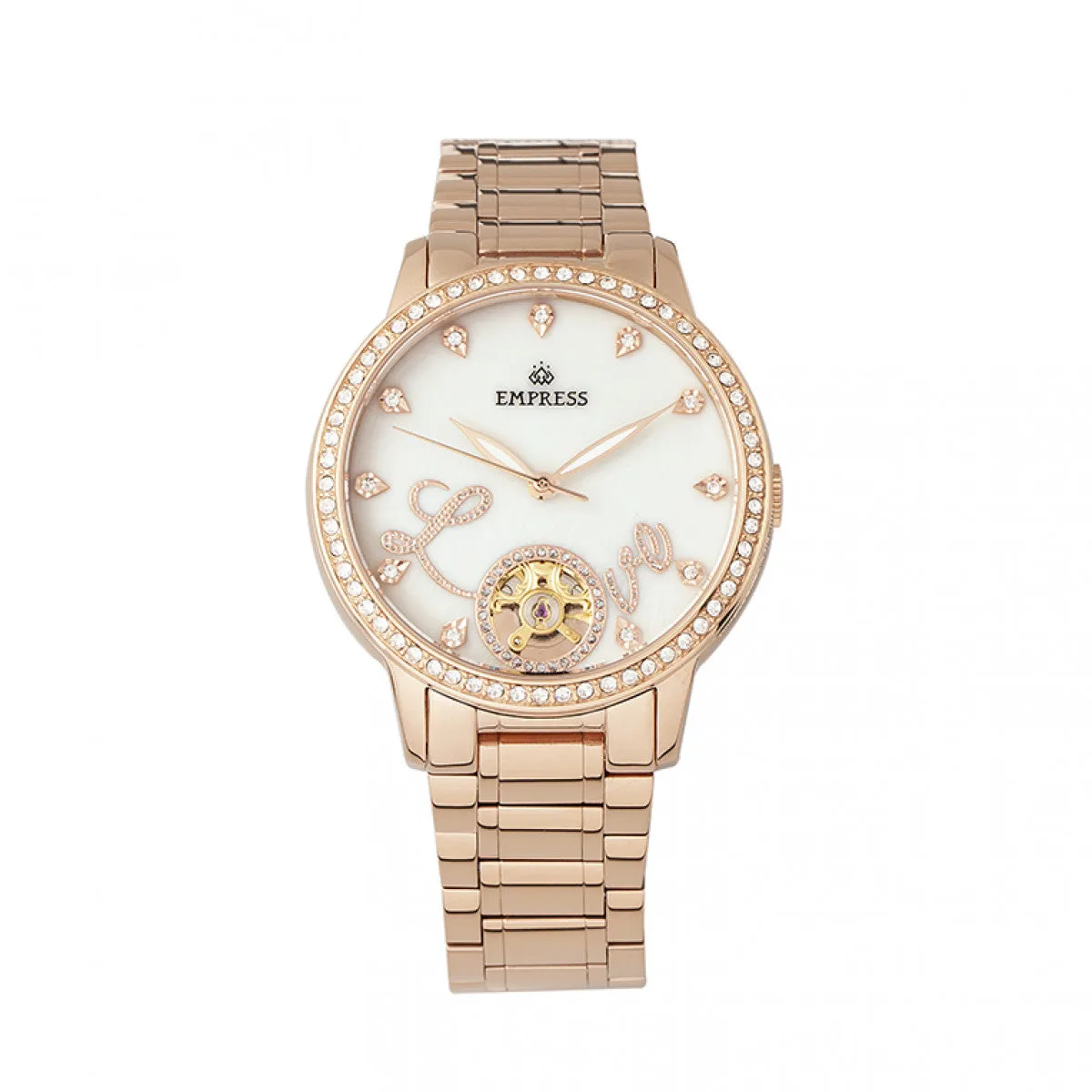 Empress Quinn Automatic MOP Semi-Skeleton Dial Bracelet Watch - Rose Gold