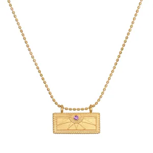 February Amethyst Sunburst Birthstone Tablet Necklace