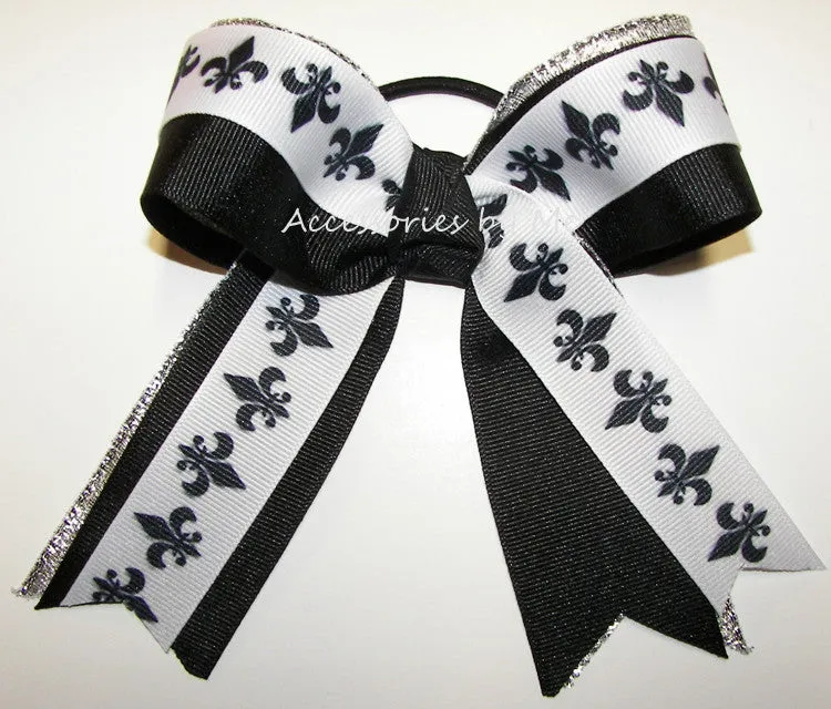 Fleur de lis Black White Silver Ponytail Bow