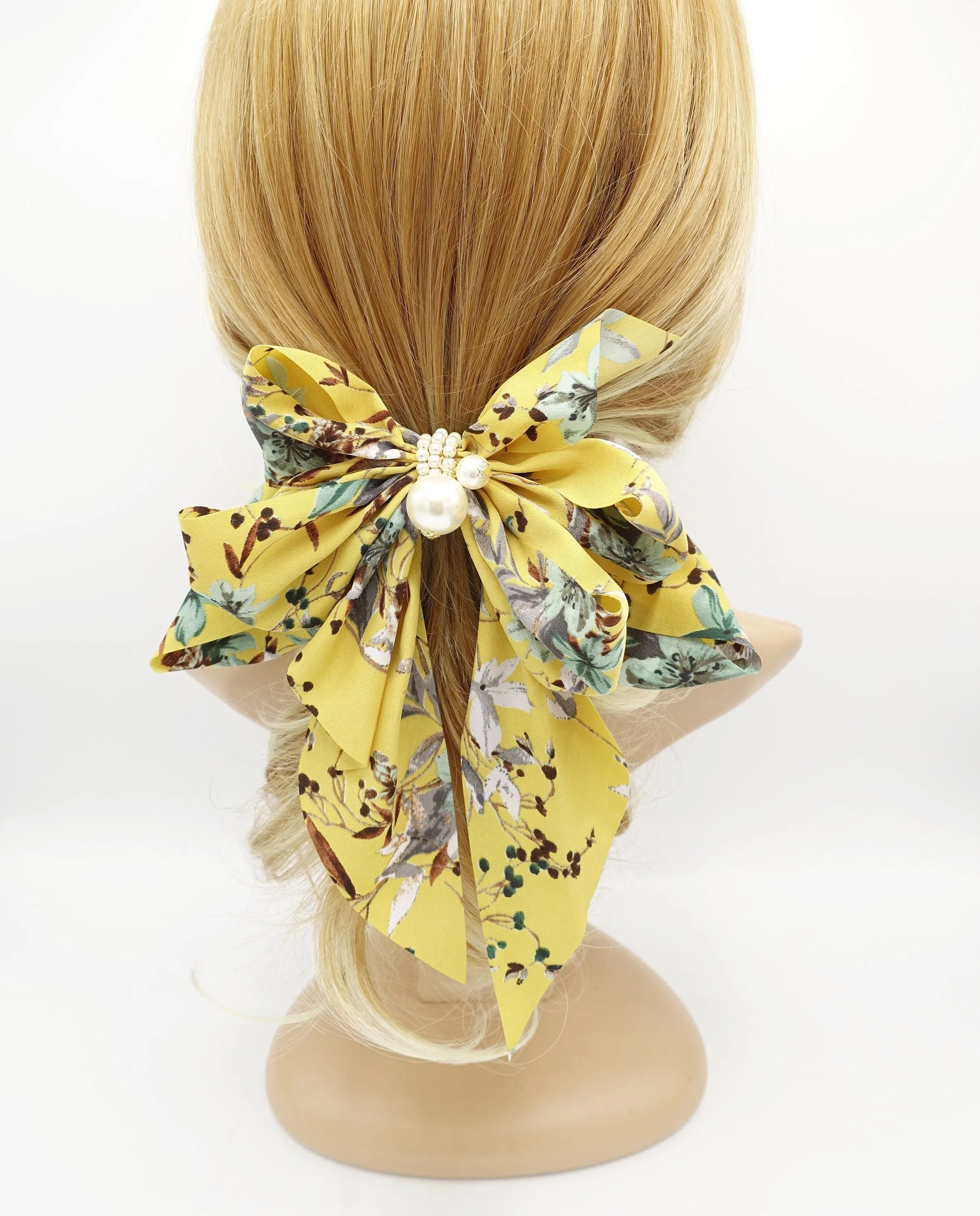 floral plant bow long tail layered pleat women hair accessory