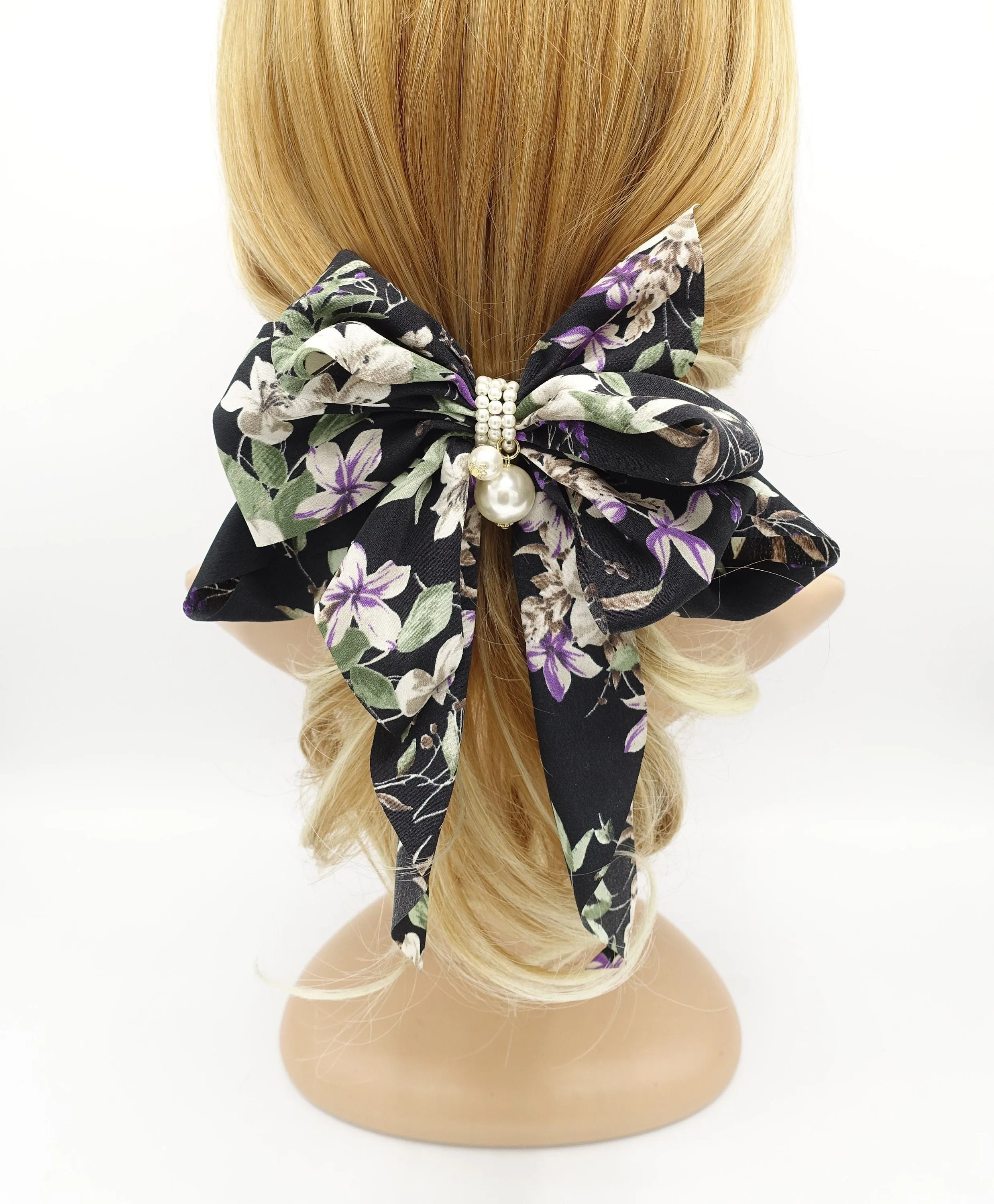 floral plant bow long tail layered pleat women hair accessory