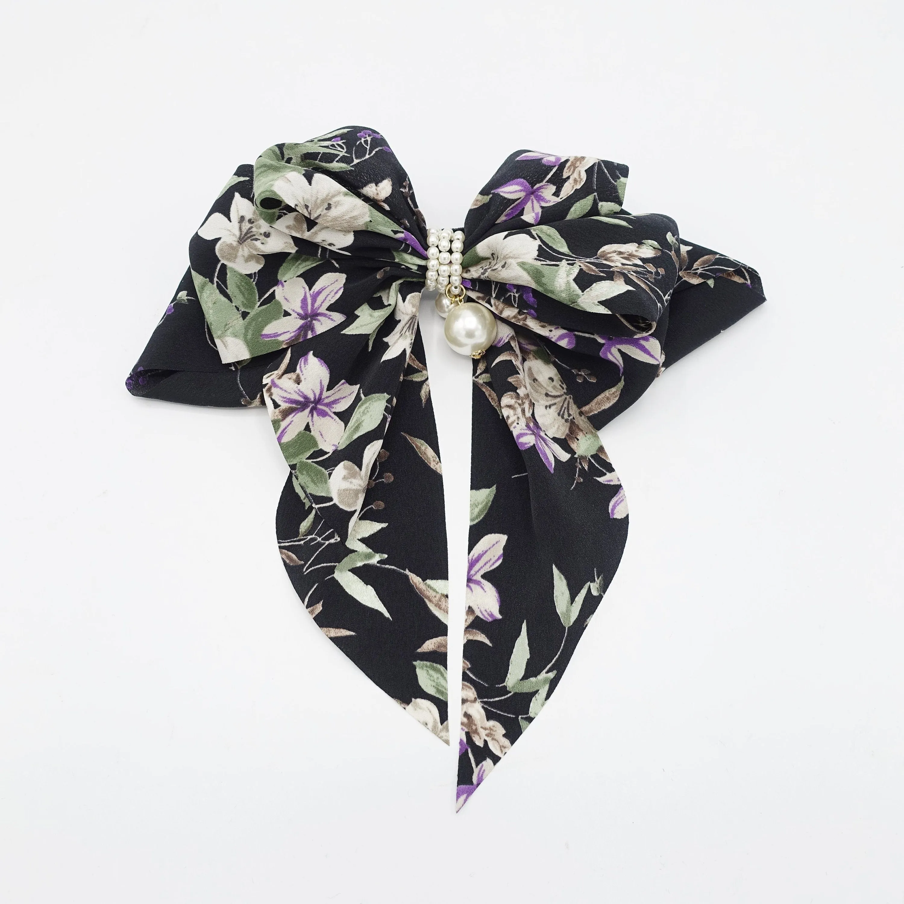 floral plant bow long tail layered pleat women hair accessory