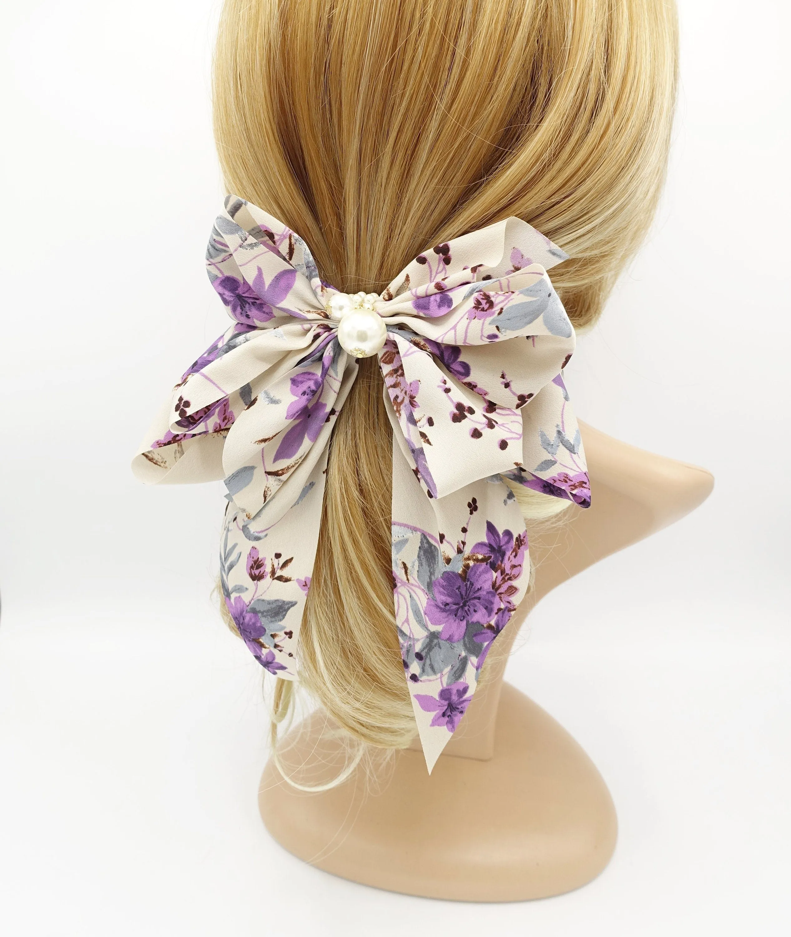 floral plant bow long tail layered pleat women hair accessory