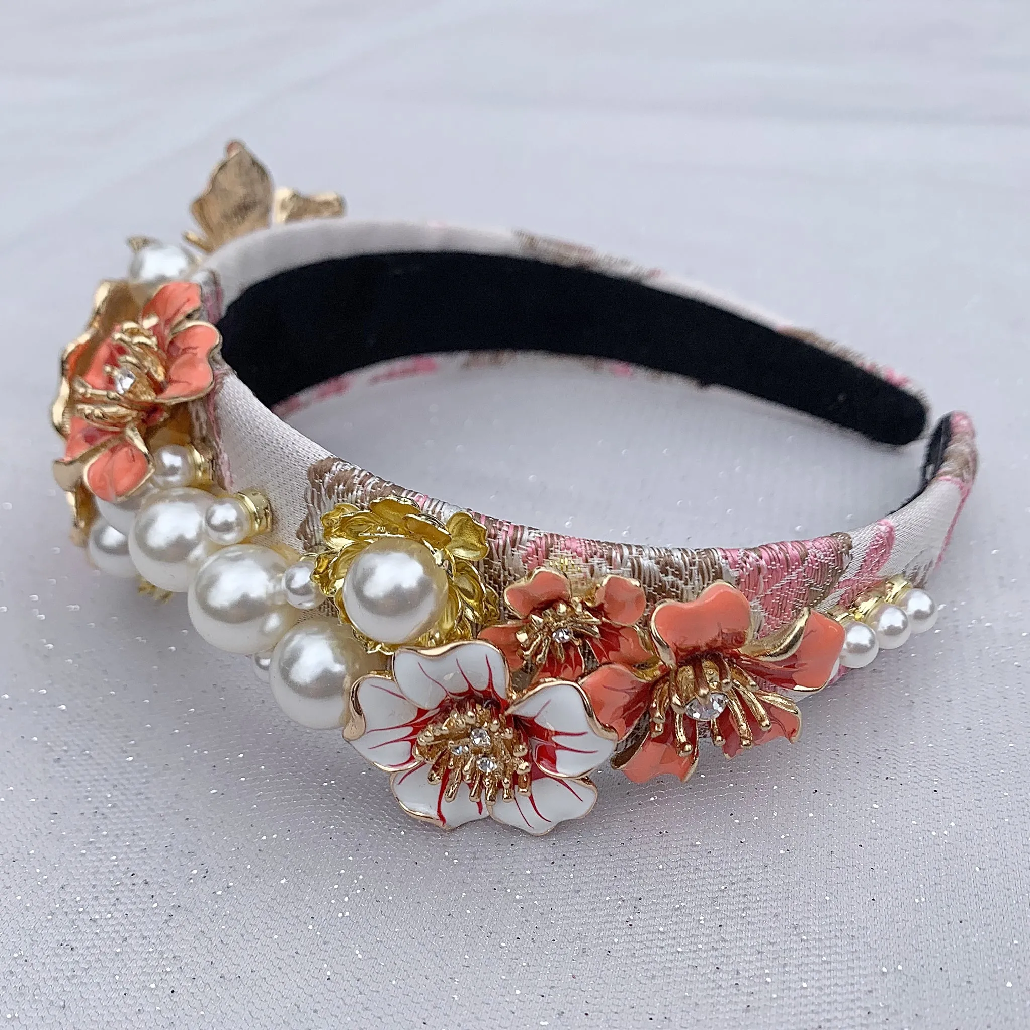 Flower Headband Coral with Pearls Floral Headpiece Hair Band