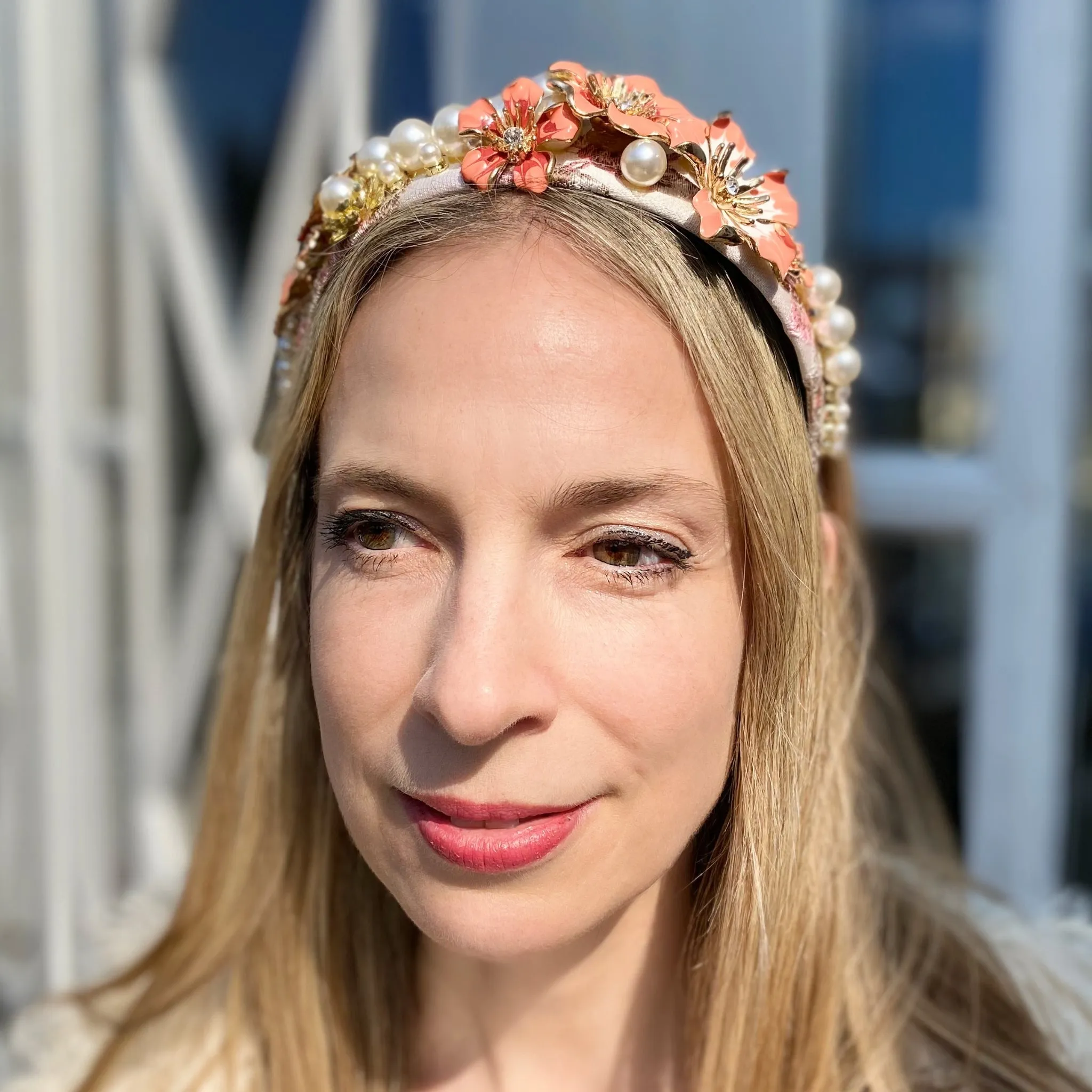 Flower Headband Coral with Pearls Floral Headpiece Hair Band