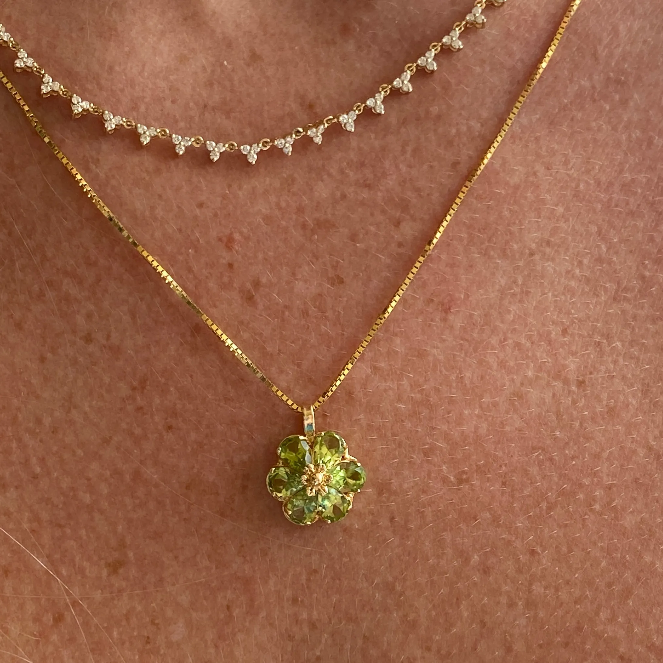 Flower Peridot Pendant with 18" 14k Box Chain