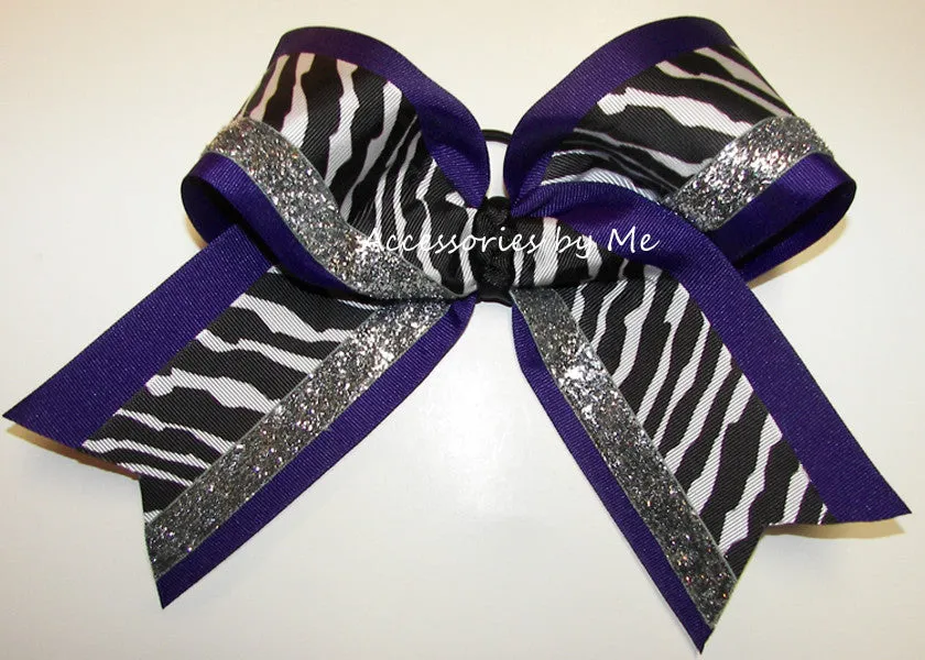 Glitter Zebra Purple Silver Cheer Bow