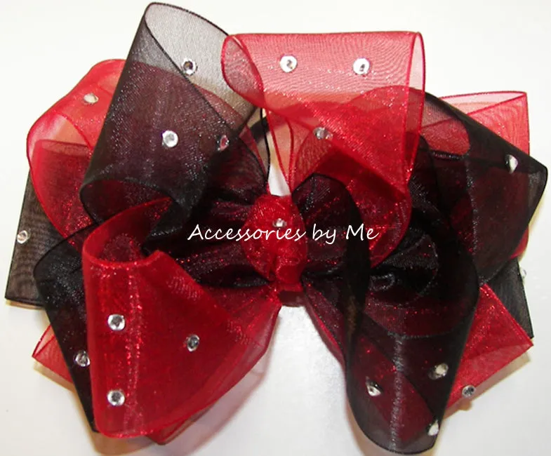 Glitzy Black Red Organza Hair Bow