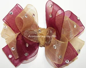 Glitzy Burgundy Gold Organza Hair Bow