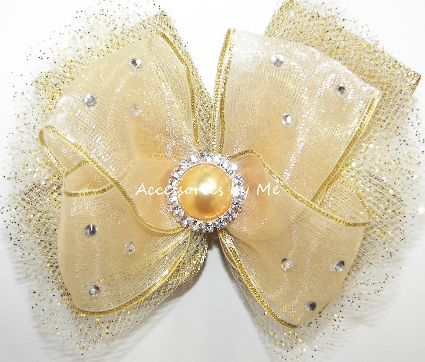 Glitzy Ivory Gold Organza Tutu Hair Bow