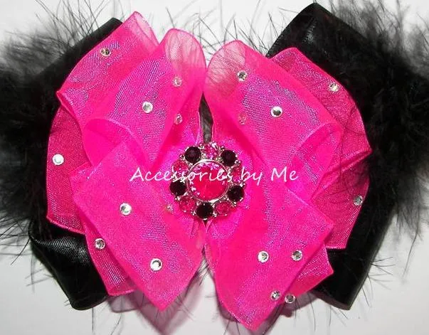 Glitzy Neon Pink Black Organza Marabou Hair Bow