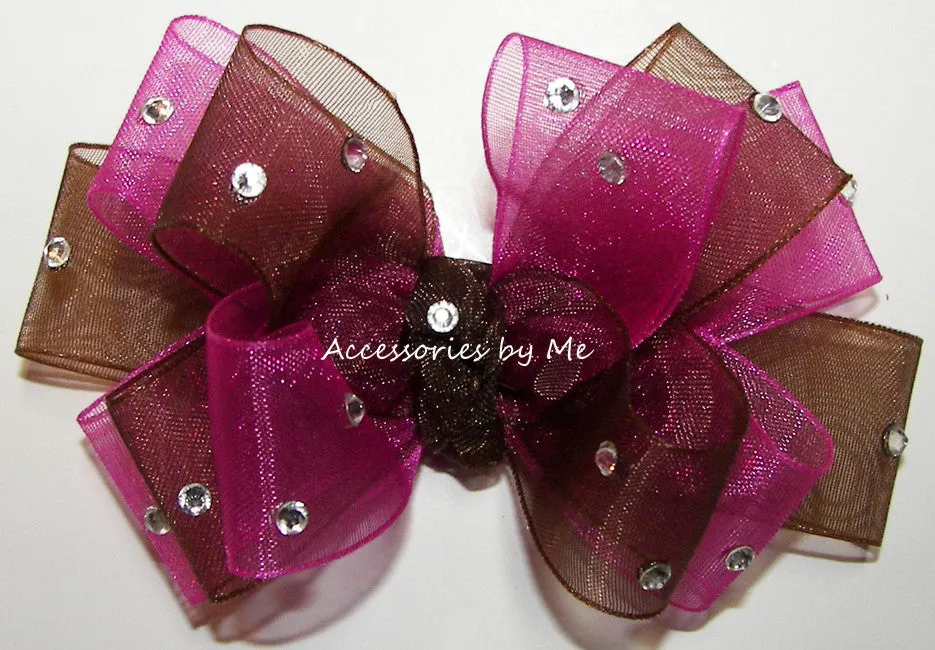 Glitzy Shocking Pink Brown Organza Hair Bow