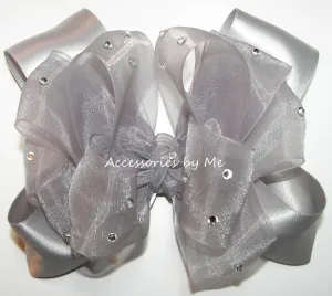 Glitzy Silver Gray Organza Satin Hair Bow