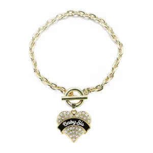 Gold Black and White Baby Sis Pave Heart Charm Toggle Bracelet