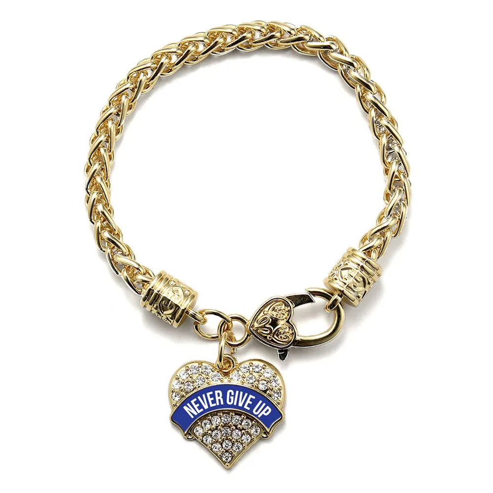 Gold Blue Banner Never Give Up Pave Heart Charm Braided Bracelet