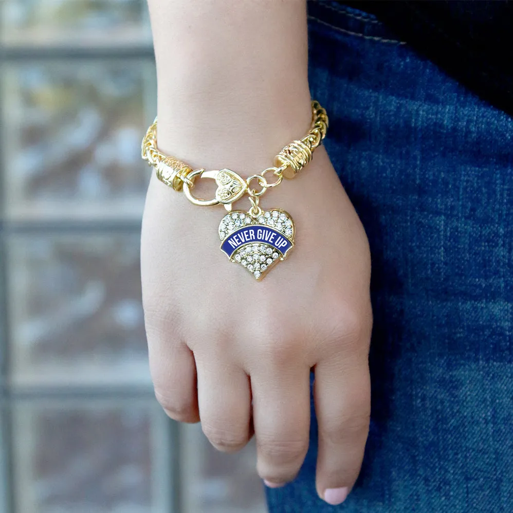 Gold Blue Banner Never Give Up Pave Heart Charm Braided Bracelet