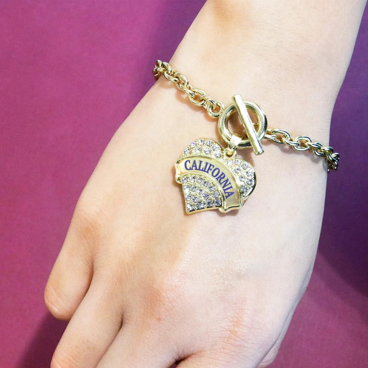 Gold California Pave Heart Charm Toggle Bracelet