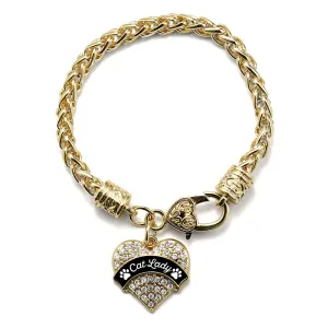 Gold Cat Lady - Paw Prints Pave Heart Charm Braided Bracelet