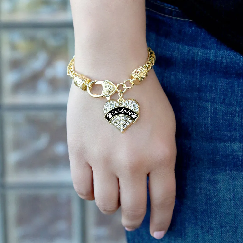 Gold Cat Lady - Paw Prints Pave Heart Charm Braided Bracelet