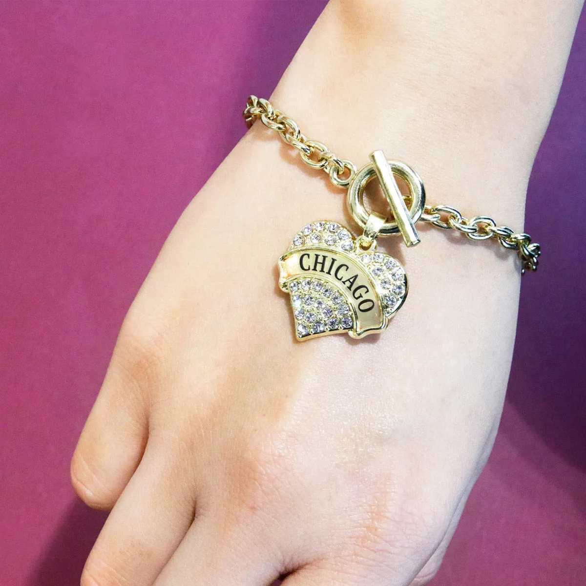 Gold Chicago Pave Heart Charm Toggle Bracelet