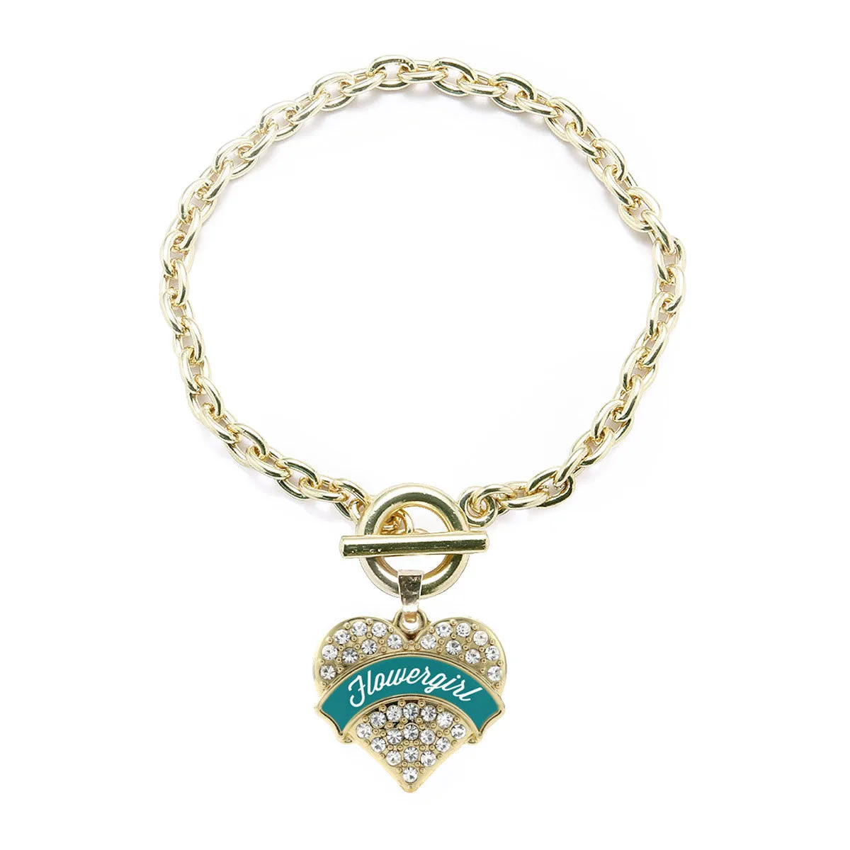 Gold Dark Teal Flower Girl Pave Heart Charm Toggle Bracelet