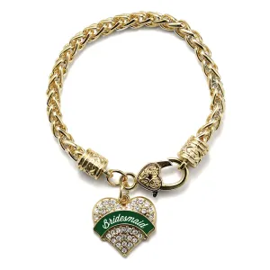 Gold Forest Green Bridesmaid Pave Heart Charm Braided Bracelet