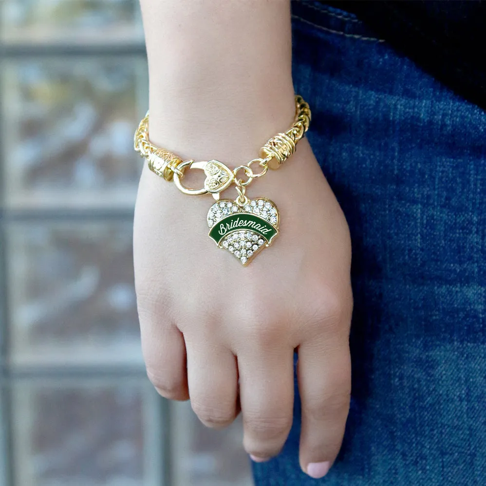 Gold Forest Green Bridesmaid Pave Heart Charm Braided Bracelet