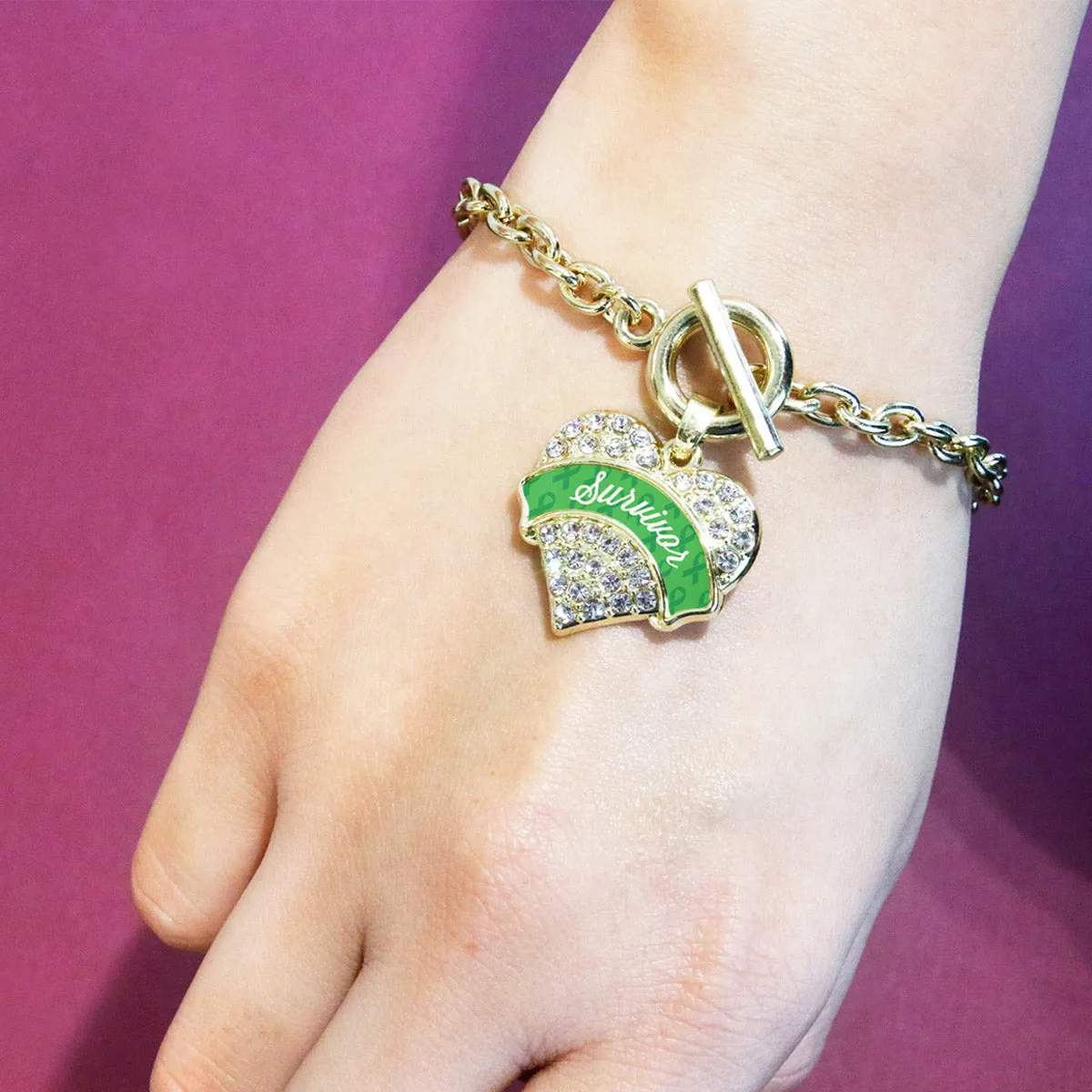 Gold Green Survivor Pave Heart Charm Toggle Bracelet