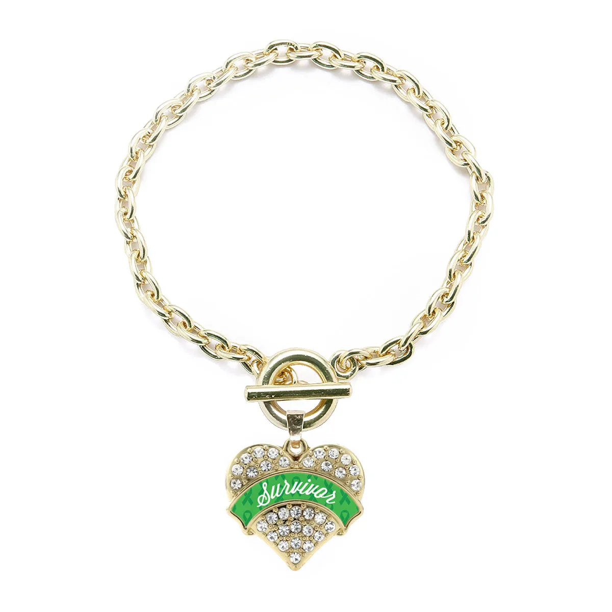 Gold Green Survivor Pave Heart Charm Toggle Bracelet