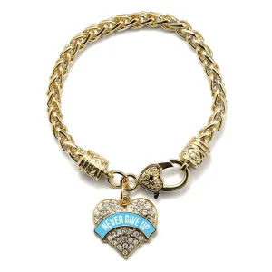 Gold Light Blue Banner Never Give Up Pave Heart Charm Braided Bracelet