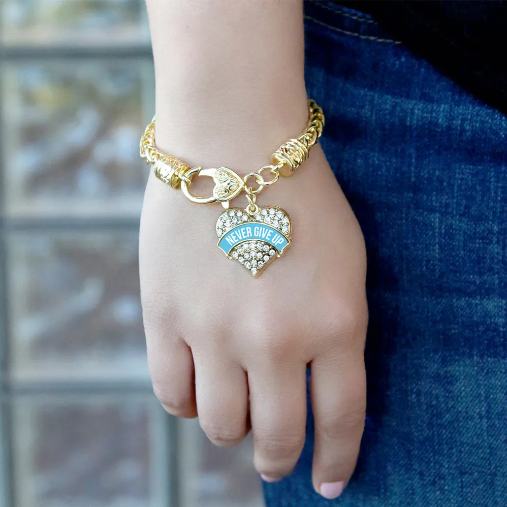 Gold Light Blue Banner Never Give Up Pave Heart Charm Braided Bracelet