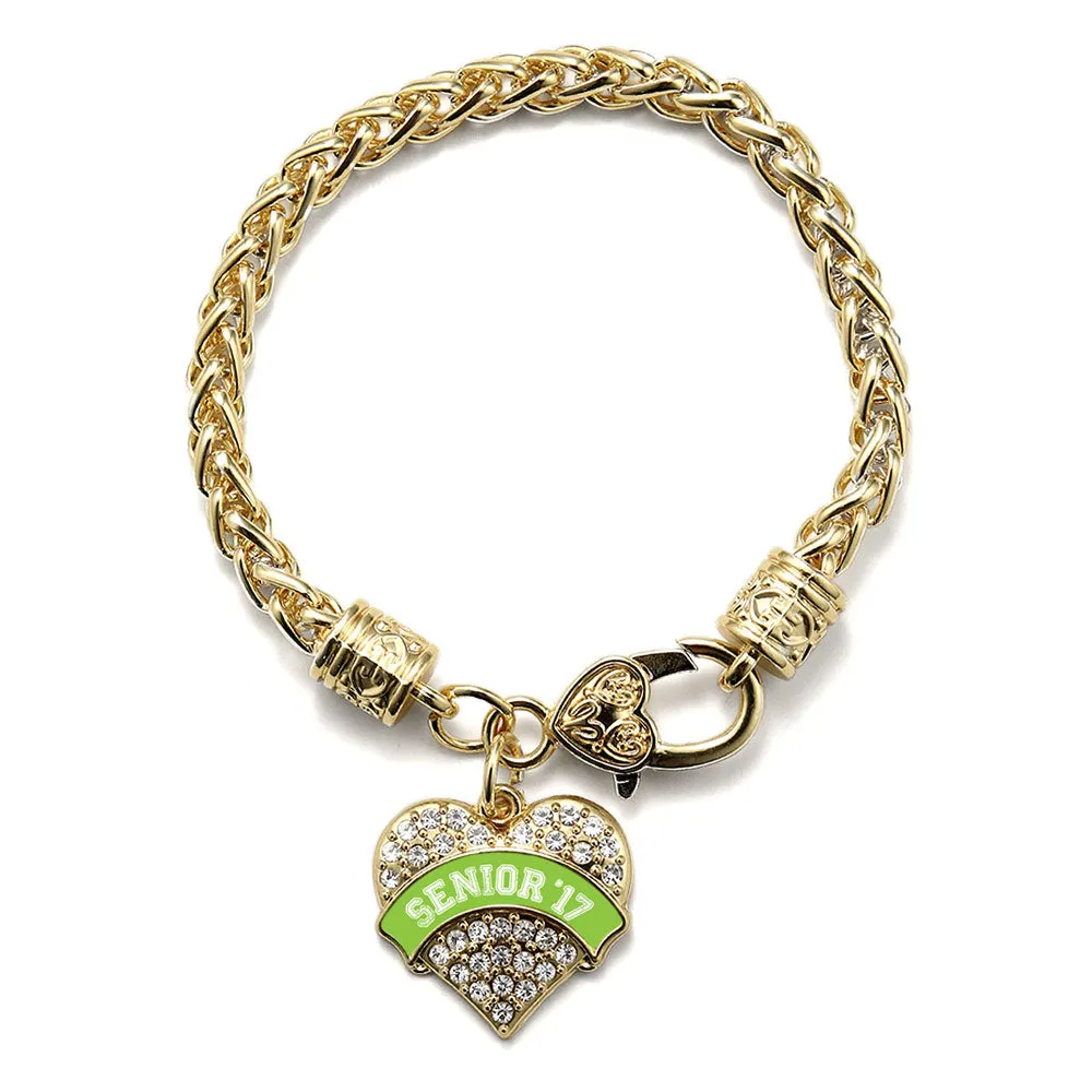 Gold Lime Green Senior 2017 Pave Heart Charm Braided Bracelet