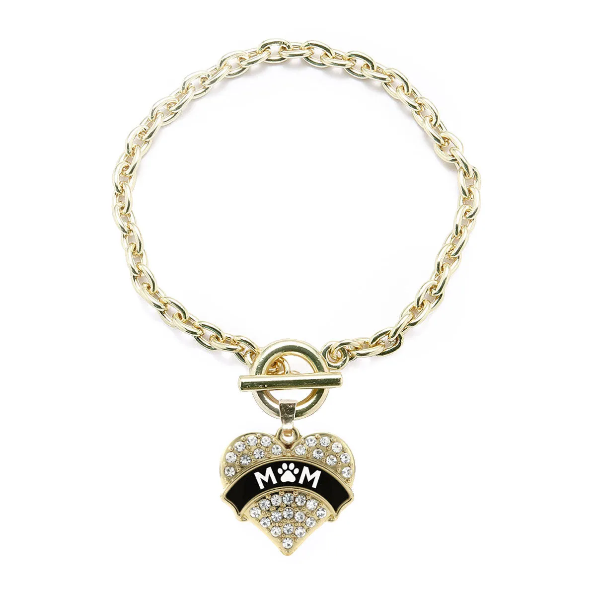 Gold Pet Mom - Paw Print Pave Heart Charm Toggle Bracelet