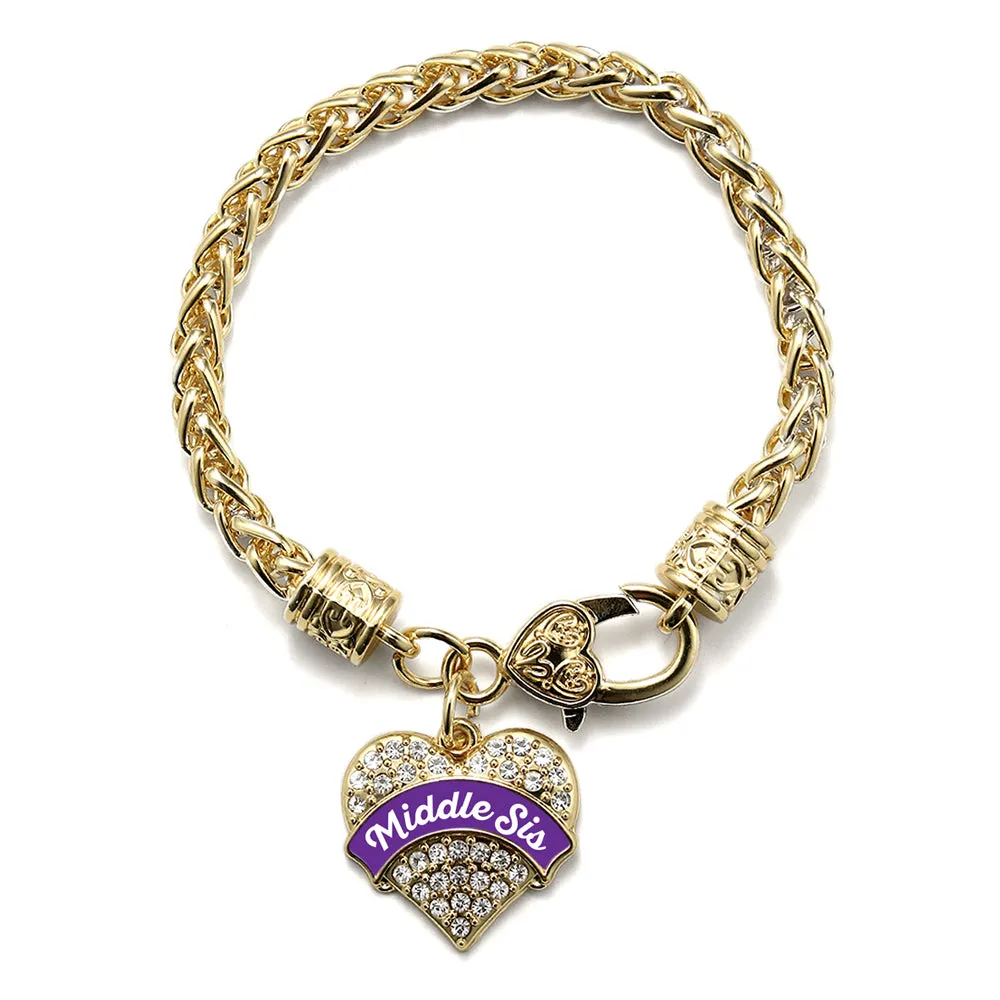 Gold Purple Middle Sister Pave Heart Charm Braided Bracelet