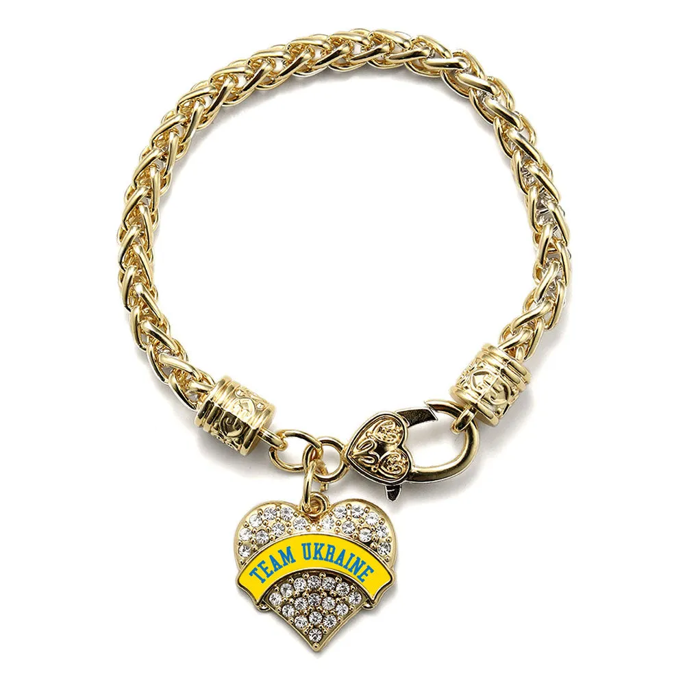 Gold Team Ukraine Pave Heart Charm Braided Bracelet