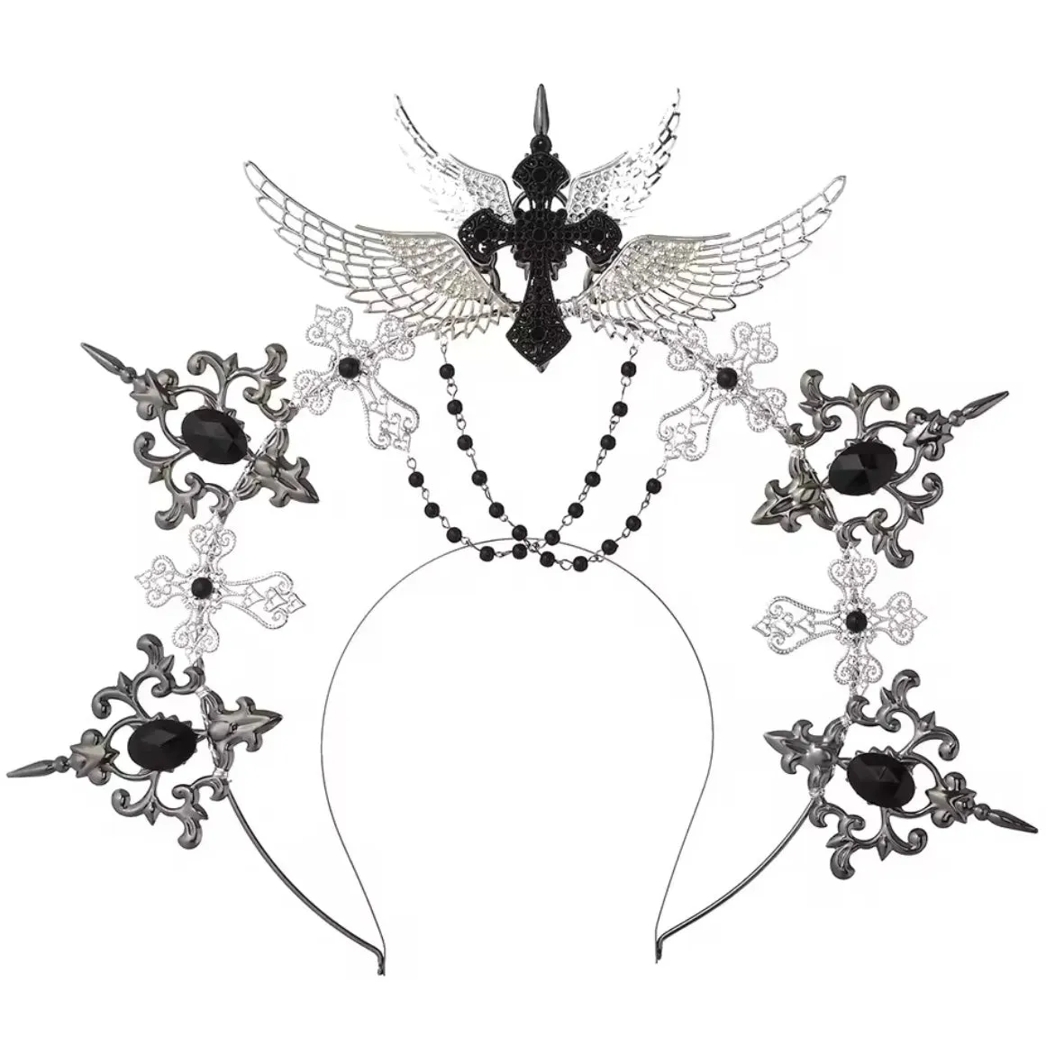 Gothic Goddess Spiked Halo Crown Festival Headdress Headband - Black Cross with Pearl Chain