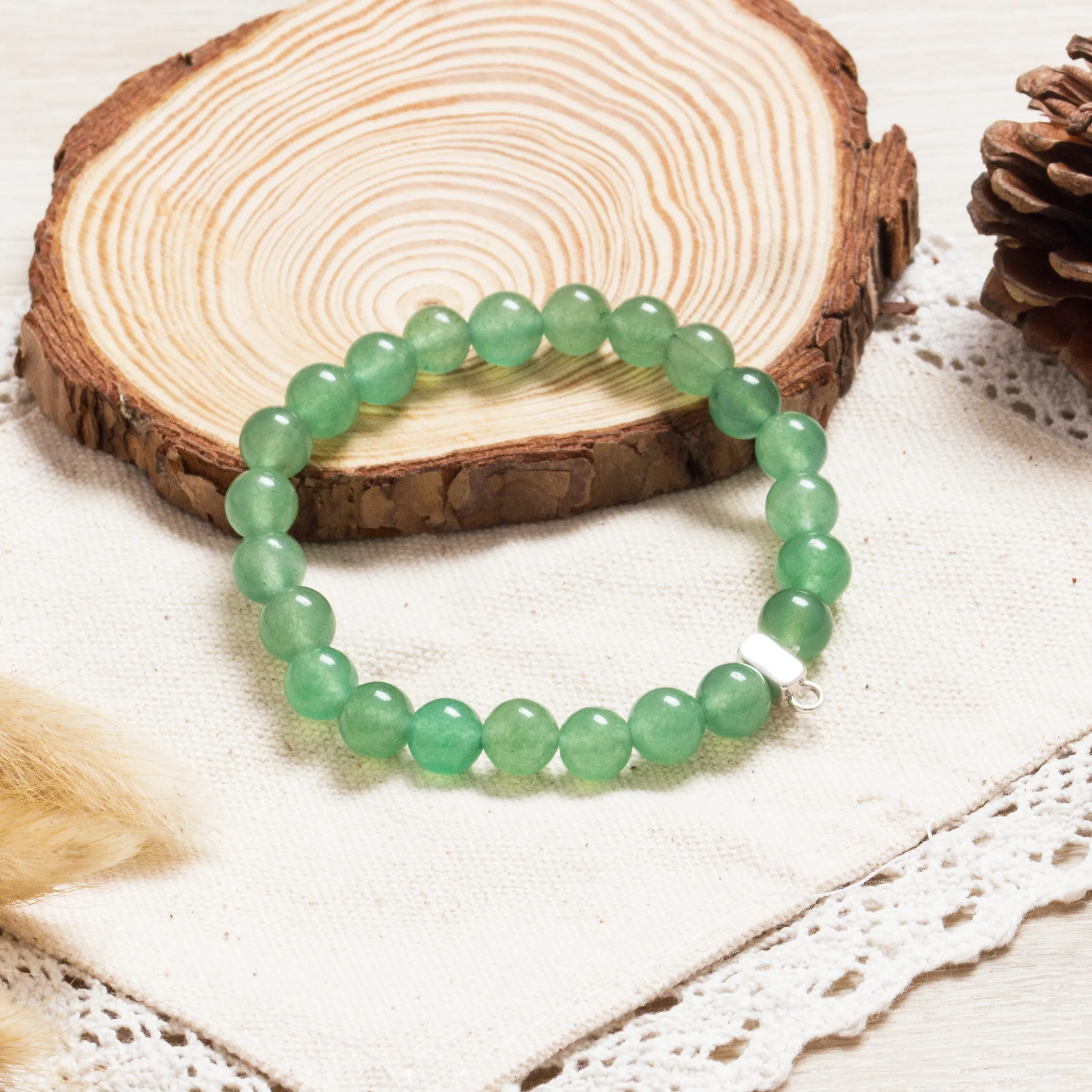 Green Aventurine Gemstone Stretch Bracelet with Charm Created with Zircondia® Crystals