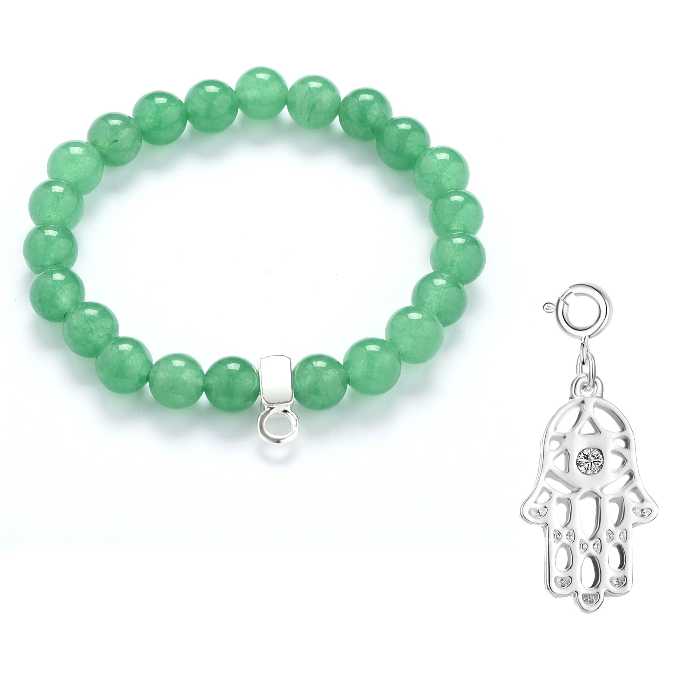 Green Aventurine Gemstone Stretch Bracelet with Charm Created with Zircondia® Crystals