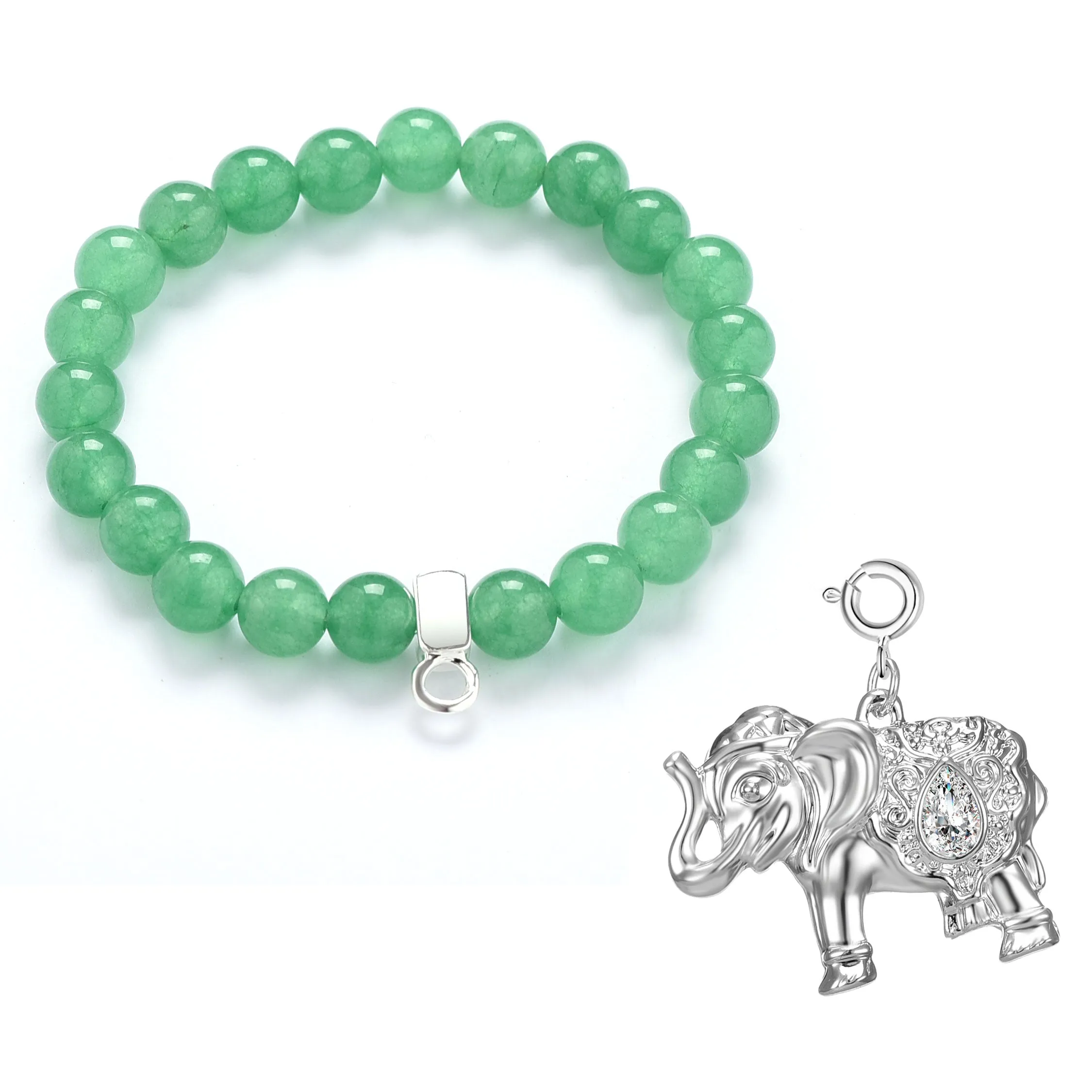 Green Aventurine Gemstone Stretch Bracelet with Charm Created with Zircondia® Crystals