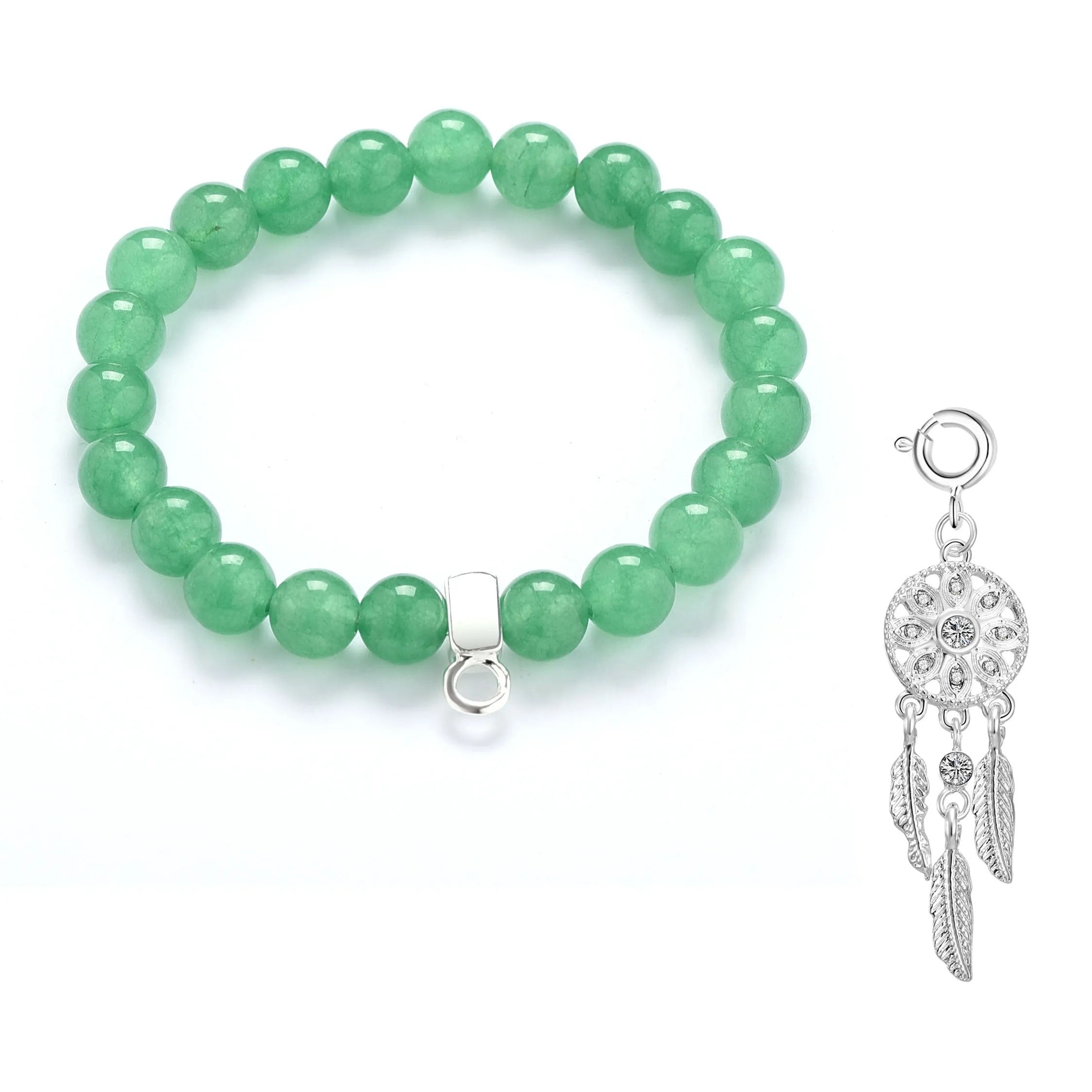 Green Aventurine Gemstone Stretch Bracelet with Charm Created with Zircondia® Crystals