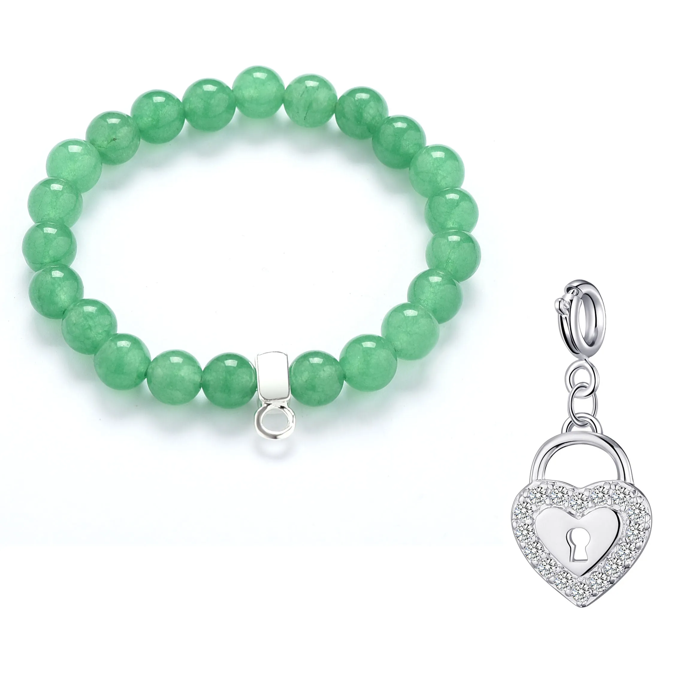 Green Aventurine Gemstone Stretch Bracelet with Charm Created with Zircondia® Crystals