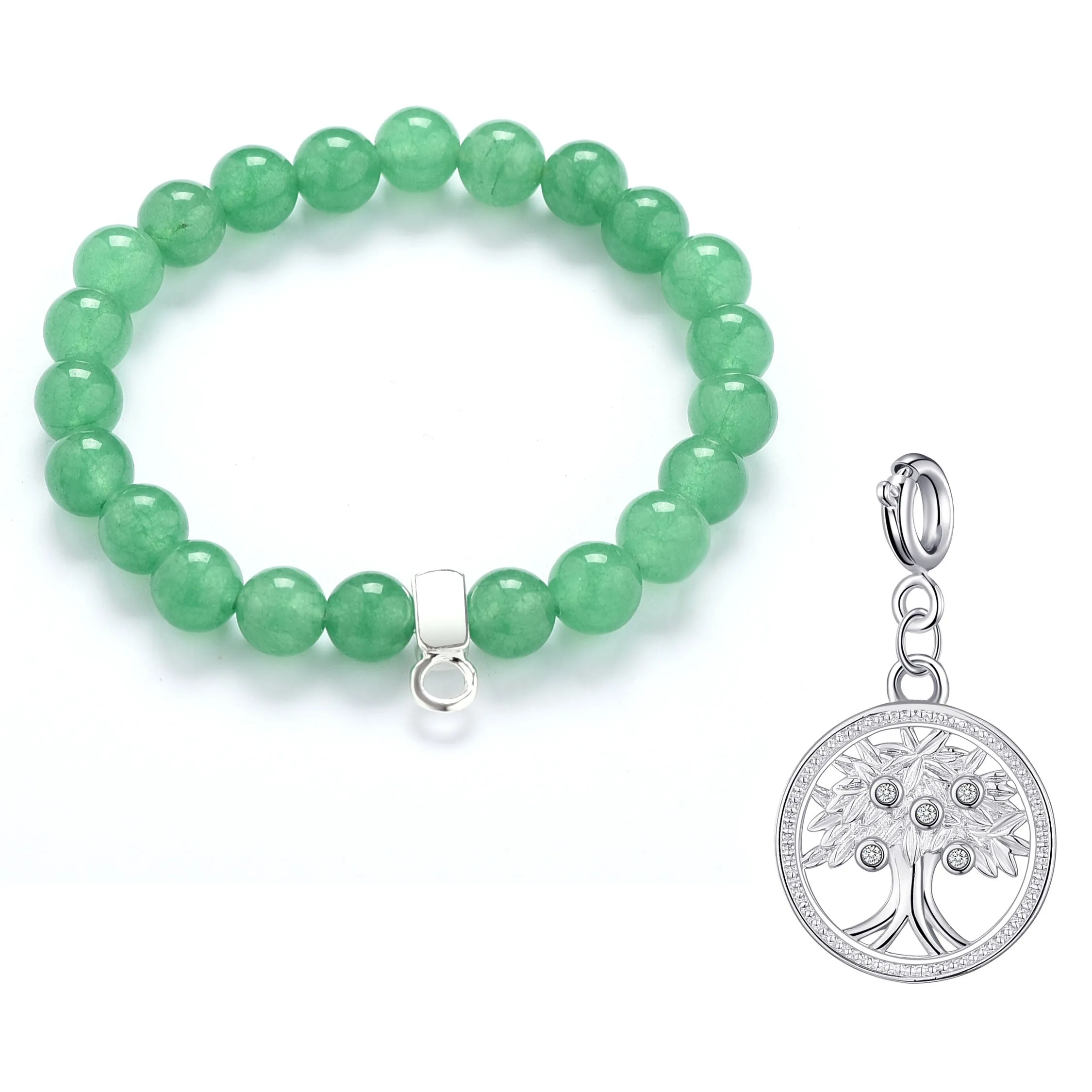 Green Aventurine Gemstone Stretch Bracelet with Charm Created with Zircondia® Crystals