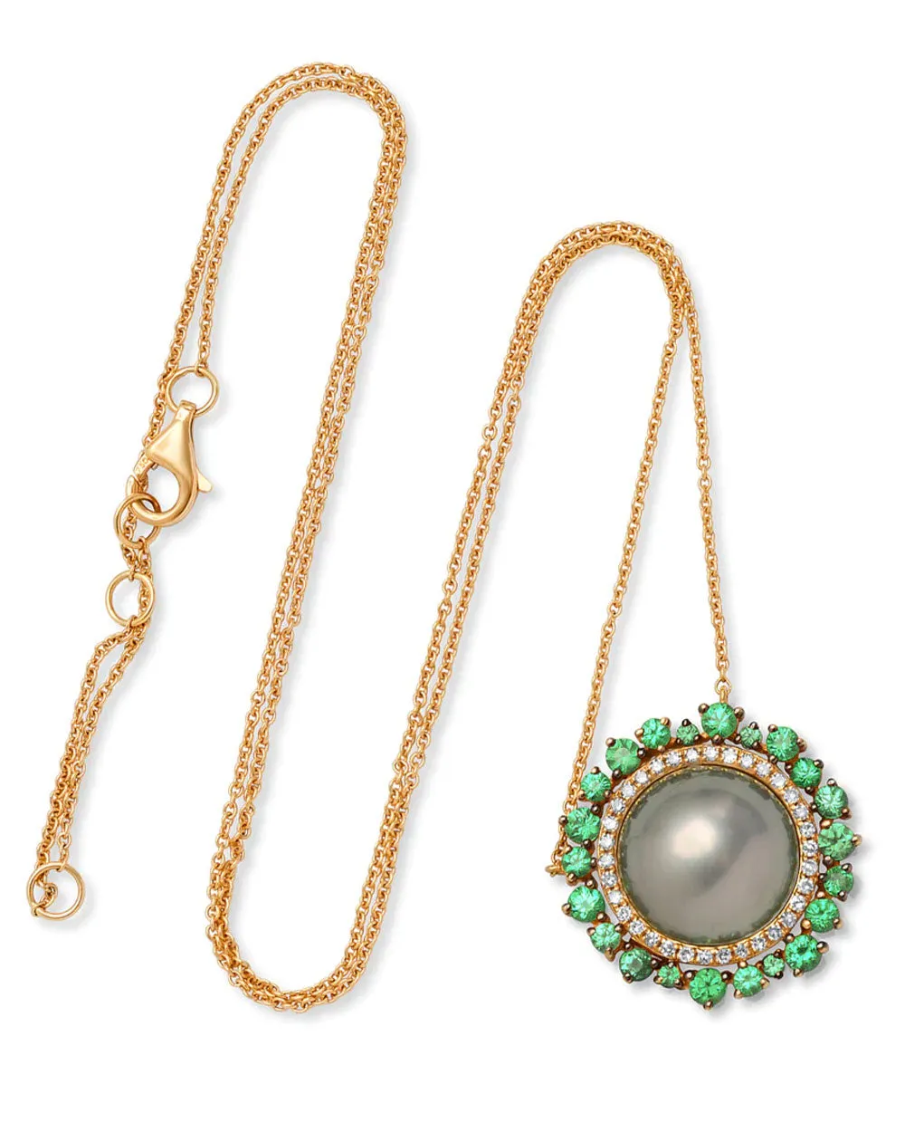 Green Garnet and Diamond Tahitian Pearl Slice Necklace