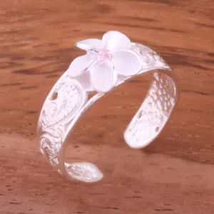 Hawaiian Scroll See Through 8mm Plumeria with Pink CZ Toe Ring