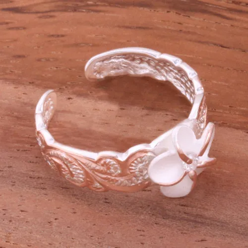 Hawaiian Scroll Two Tone Pink Gold Plated 8mm Plumeria with Clear CZ Cut Out Edge Toe Ring