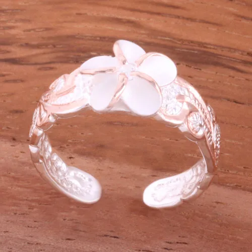 Hawaiian Scroll Two Tone Pink Gold Plated 8mm Plumeria with Clear CZ Cut Out Edge Toe Ring